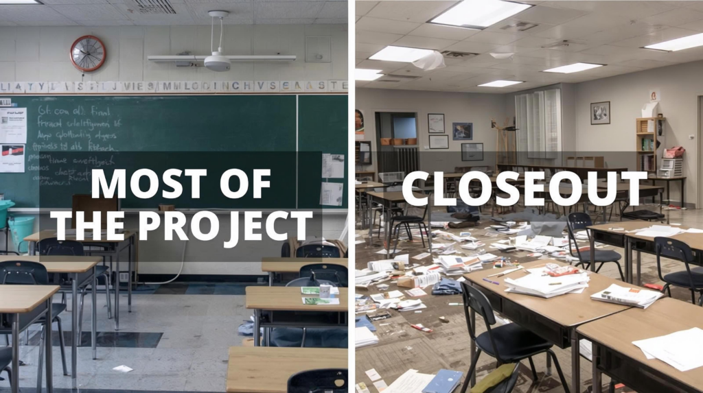 Most of the project (orderly) versus closeout (chaos).